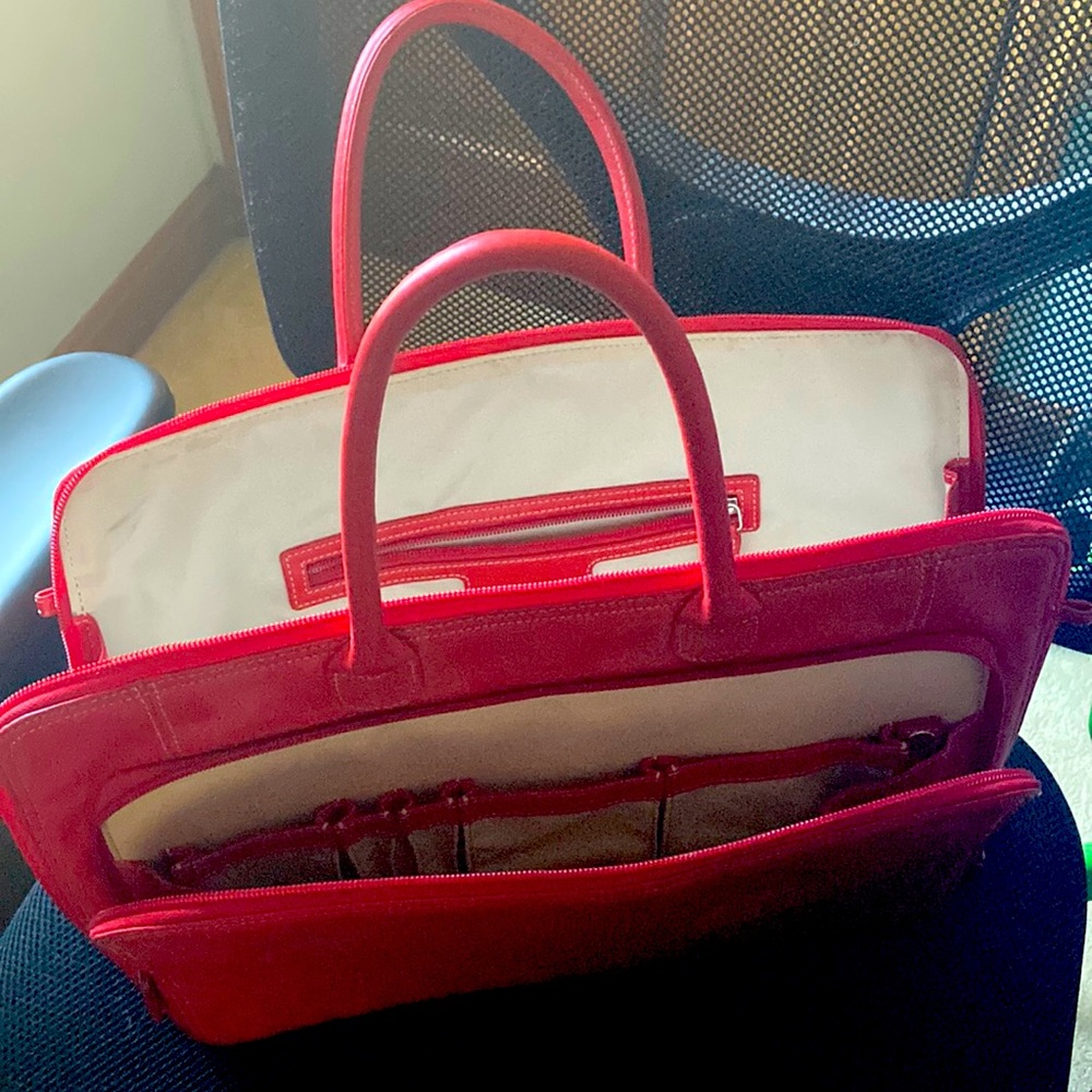 Levenger leather expandable laptop red bag